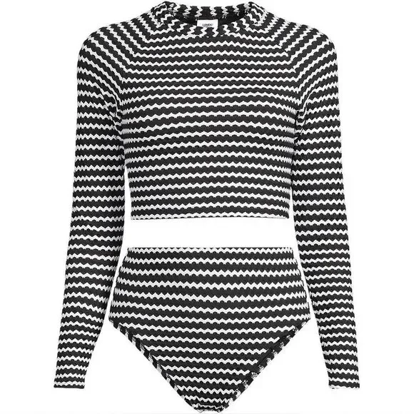 Land's End Plus Size Crochet long sleeve bikini top built-in bra black white 2X